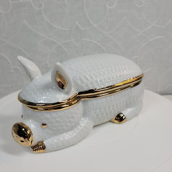 Bone China Porcelain Pig Hinged Trinket Jewelry Box w/ 18k Gold Accent - Picture 6 of 16